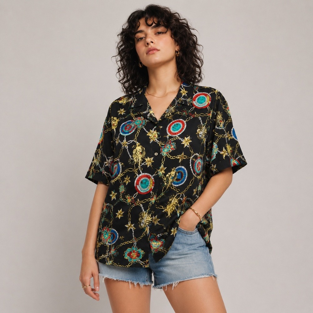 Lavon Womens Beaded Chain Print Button Down Shirt Large Vintage Style Black